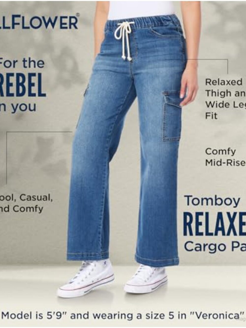 Relaxed Cargo Jeans Mid Rise Wide Leg Drawstring 31 Inseam - Picture 3 of 6